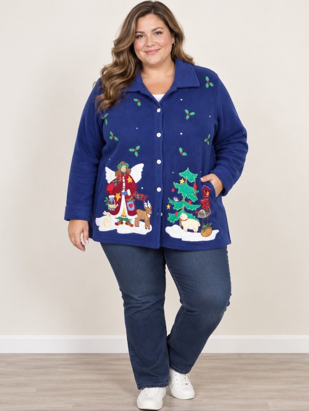 Quacker Factory Christmas Fleece Jacket 1X Holiday Applique Embroidered Kitschy